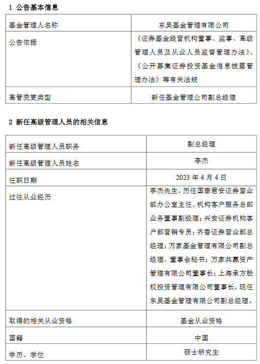 东吴基金新任李杰为副总经理 曾任万家基金副总经理、承方股权投资董事长-第1张图片-无双博客