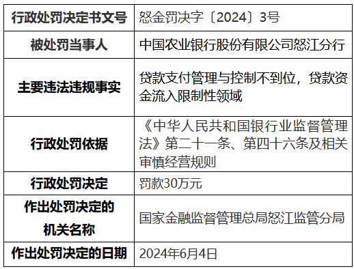 农业银行怒江分行、兰坪白族普米族自治县支行共计被罚50万元：违规发放虚假按揭贷款等-第1张图片-无双博客